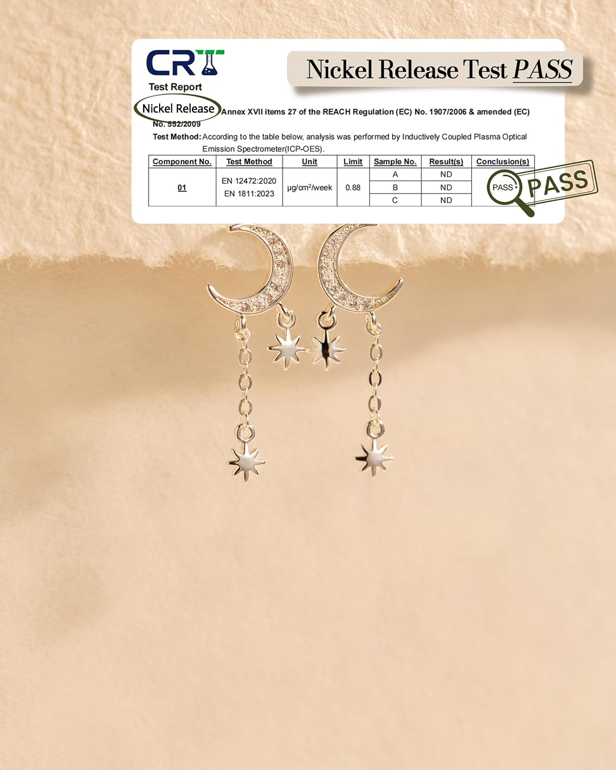 Detalle de HANLI Silver Drop Earrings for Women – 14K Gold Plated Hypoallergenic Cubic Zirconia Moon & Star Statement Earrings