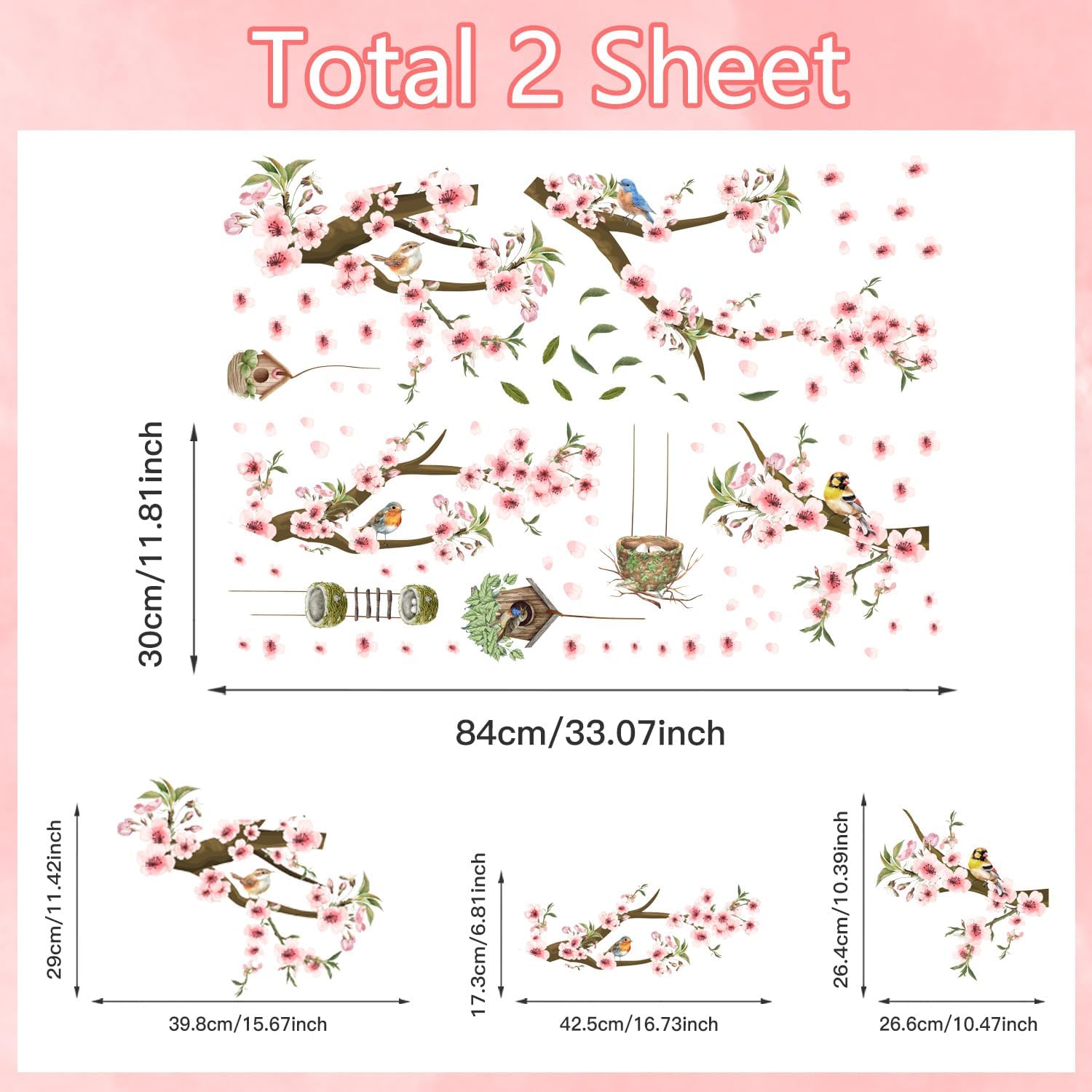 Detalle 2 de HPNIUB Pink Flower Tree Branch Birds Wall Stickers (84 x 30cm) for Bedroom, Living Room & Office