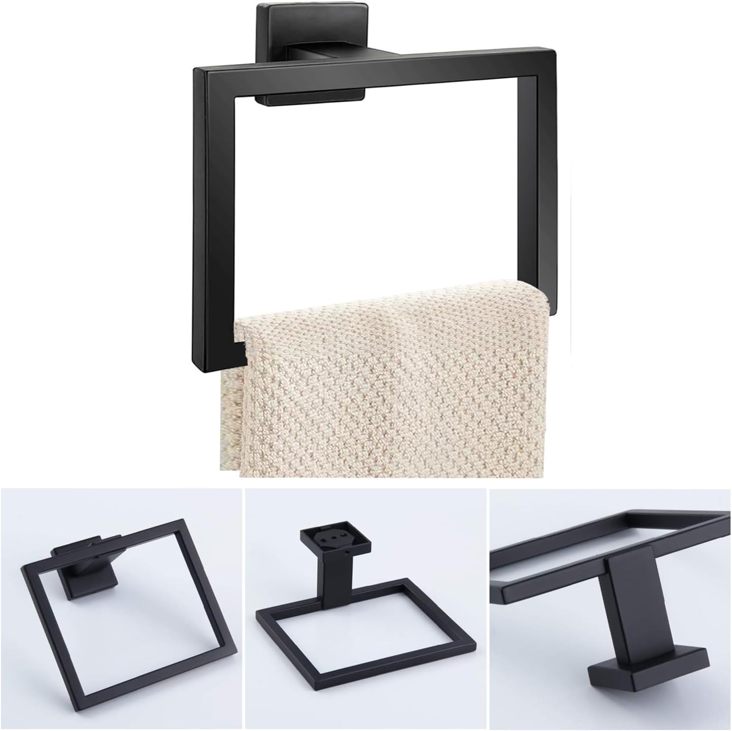Detalle de JOPOFI XY-A040 Towel Ring, Matte Black Stainless Steel, Square Design