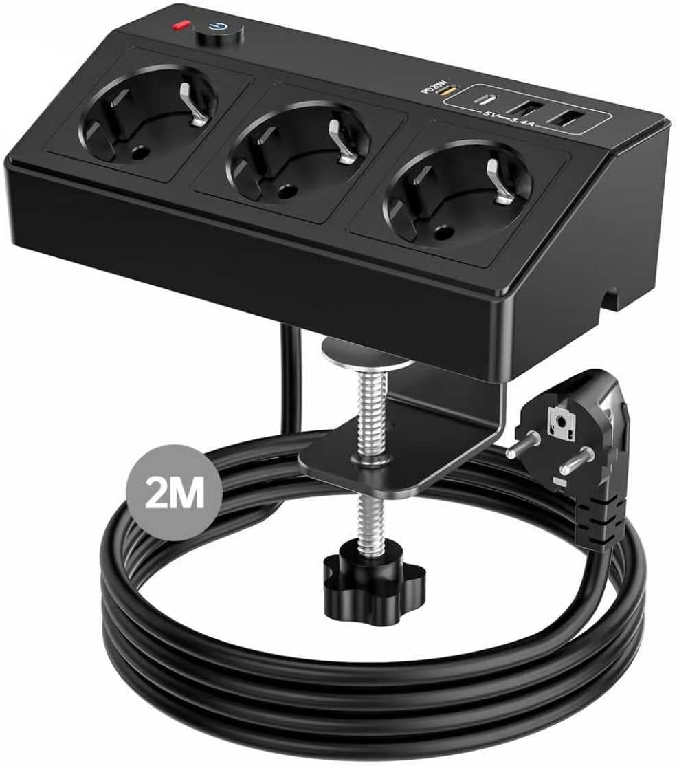 Detalle de STGAROT Tischsteckdose mit USB-C PD 20W – 3-fach Mehrfachsteckdose mit USB und Klemmvorrichtung