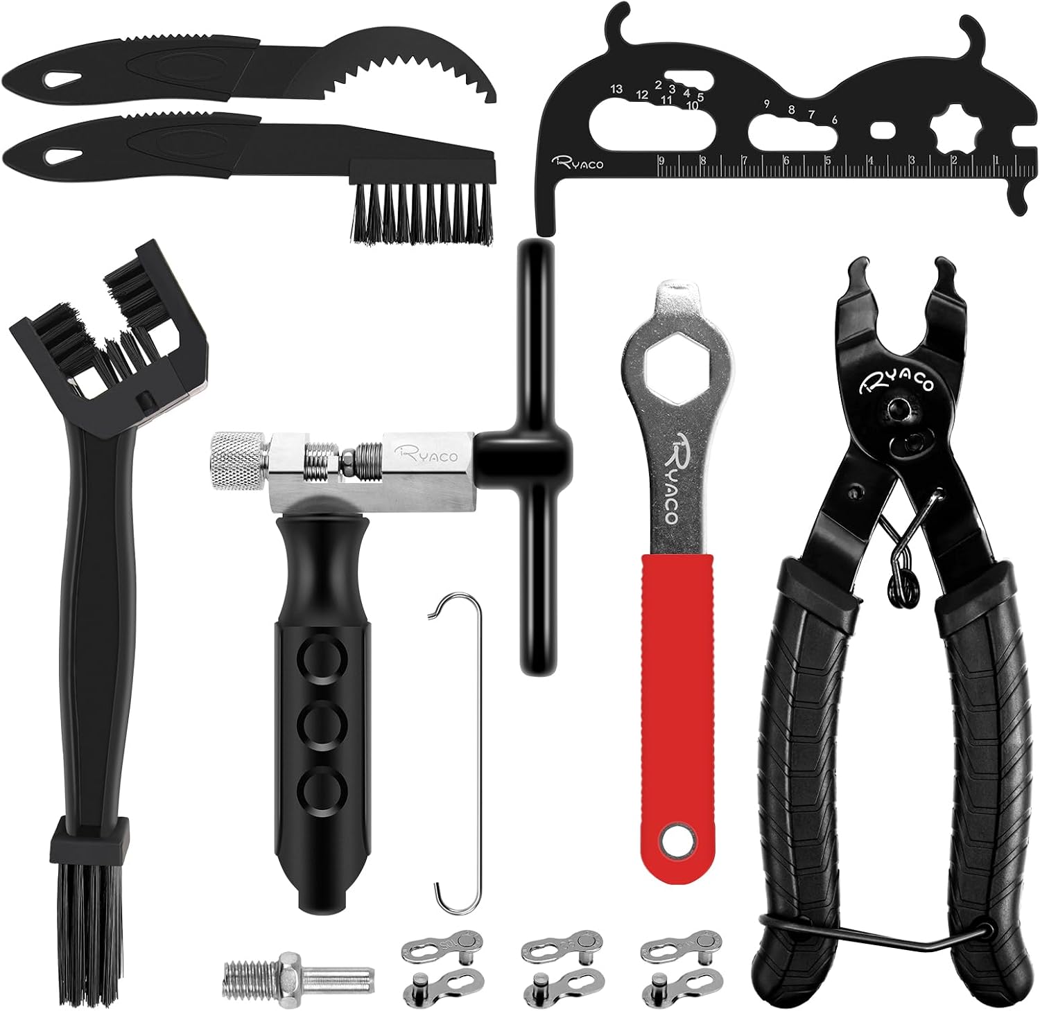 Detalle de Ryaco 12-piece bike chain tool set for 6–12 speed chains with cleaner brushes, rivet and cutter