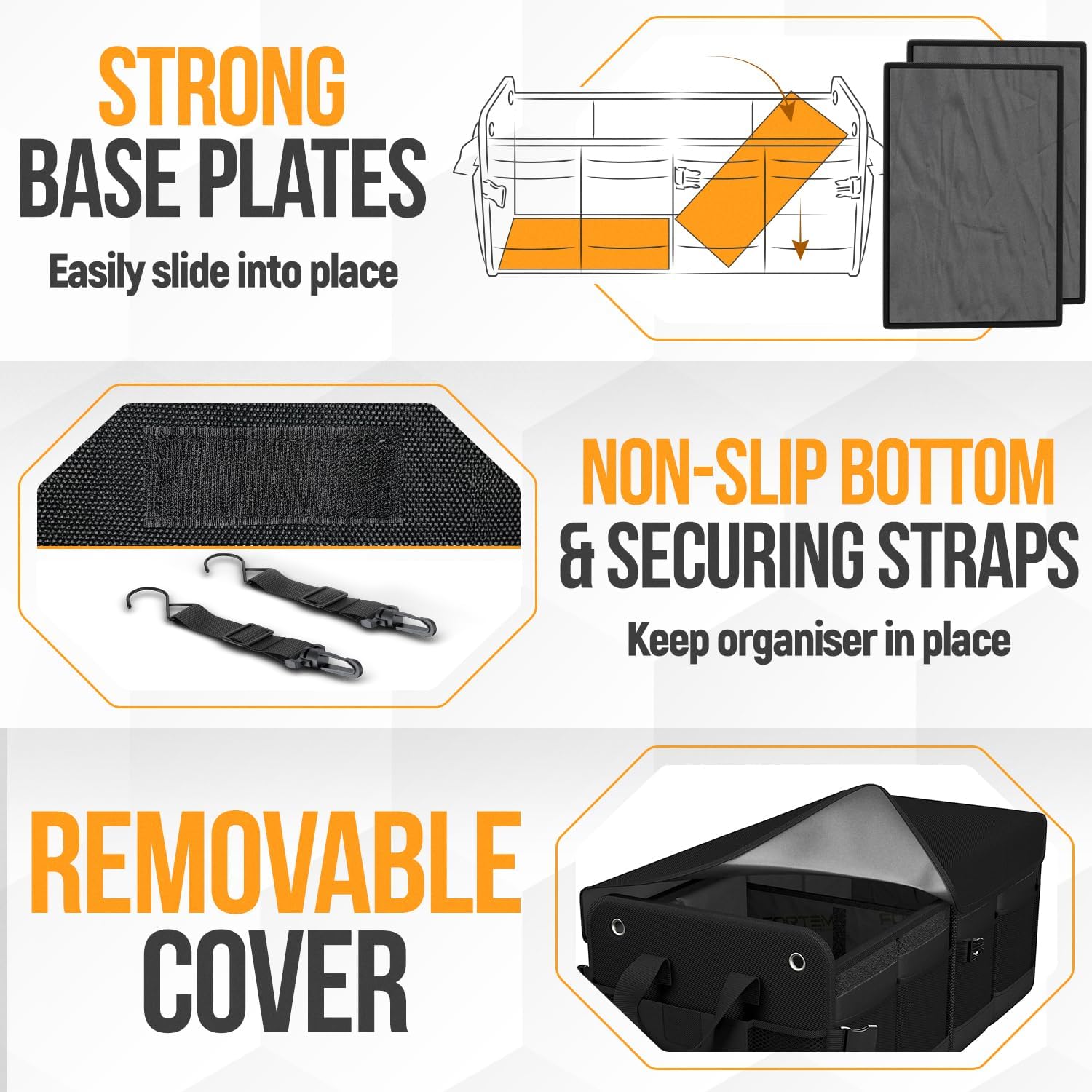 Detalle de FORTEM Car Boot Organiser (65L) – Collapsible SUV trunk storage with non-slip base and adjustable straps