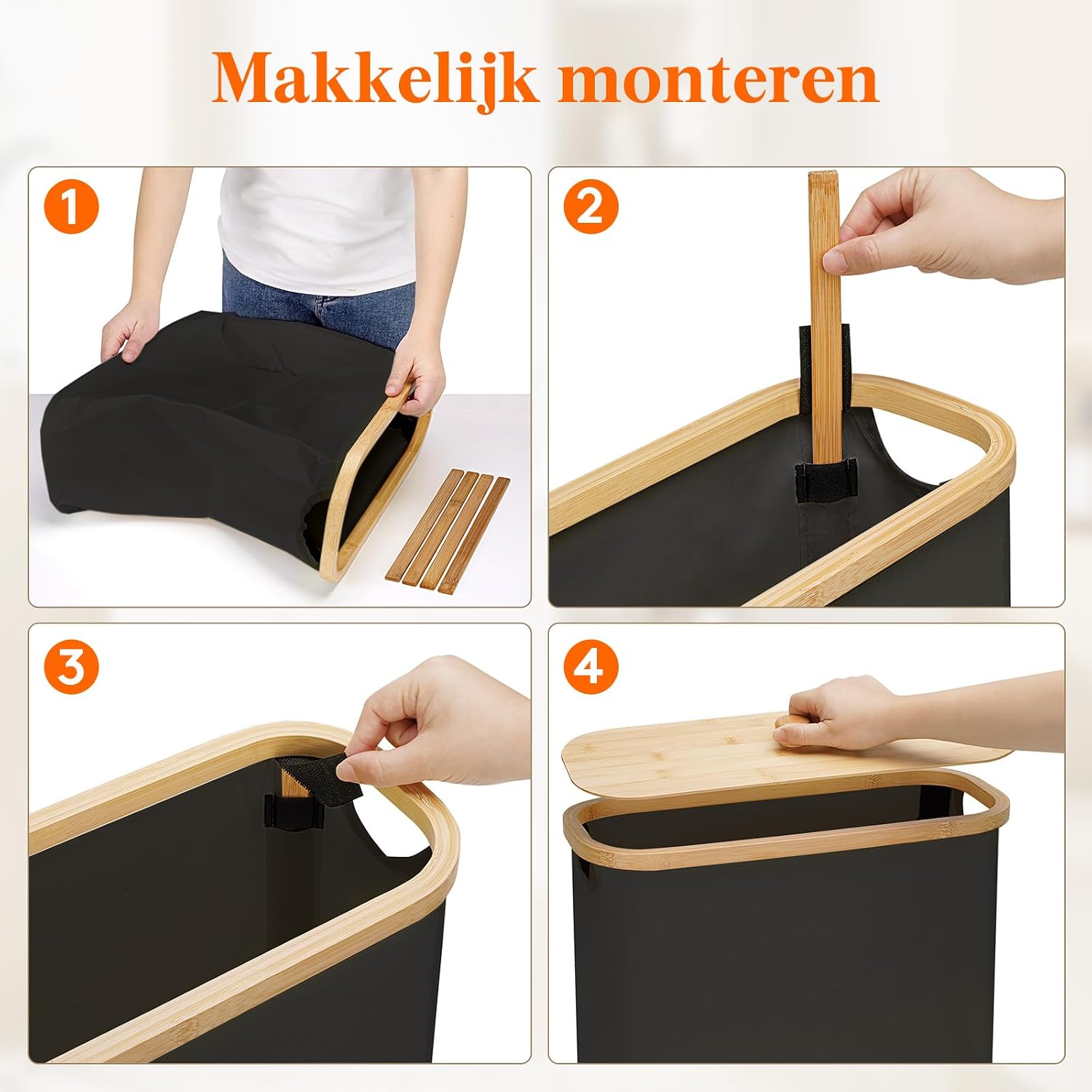 Detalle de Lifewit 23225 toiletpapiermand van bamboe, 23L, zwart met deksel