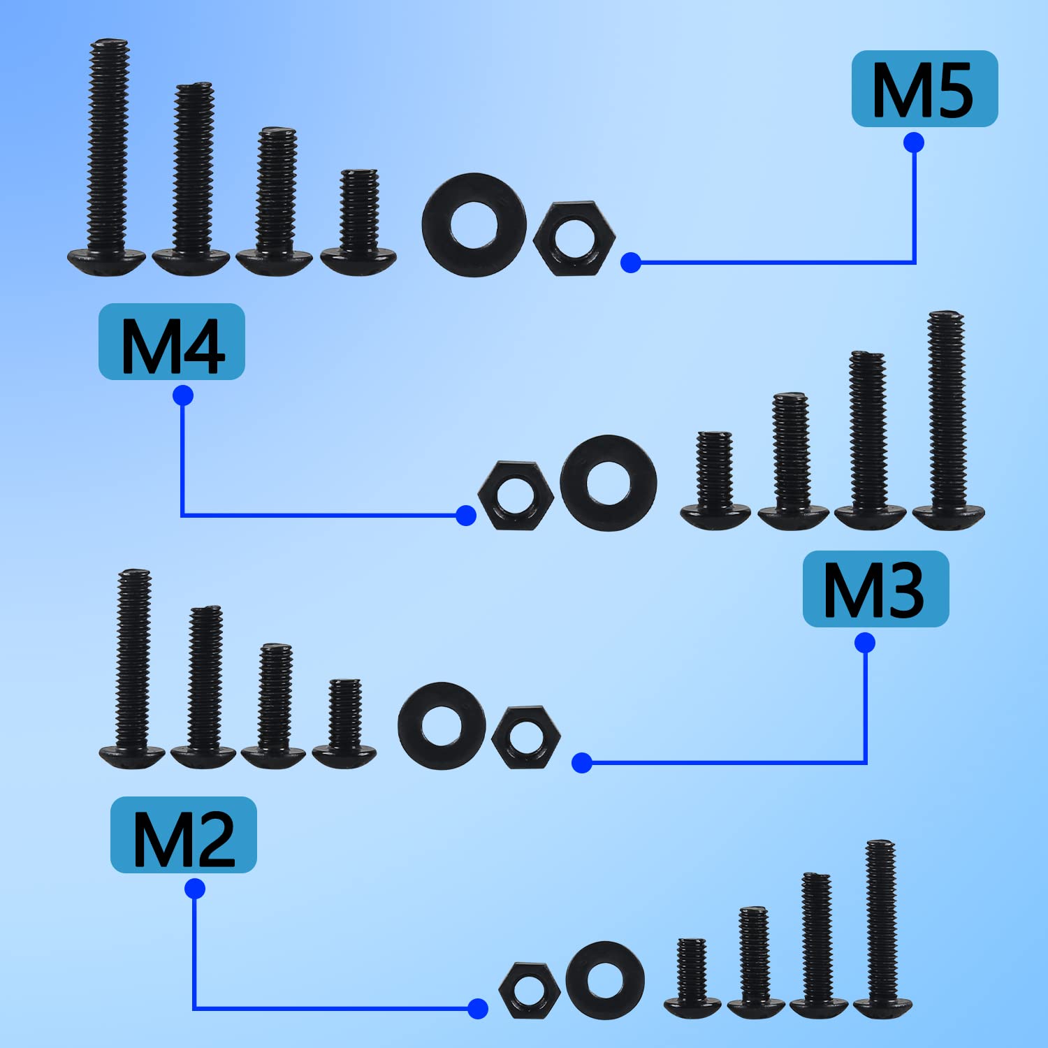 Thumbnail 3 de Set viti e dadi con rondelle 1180 pezzi in acciaio al carbonio M2–M5 (nero) – kit pratico per riparazioni domestiche e officina