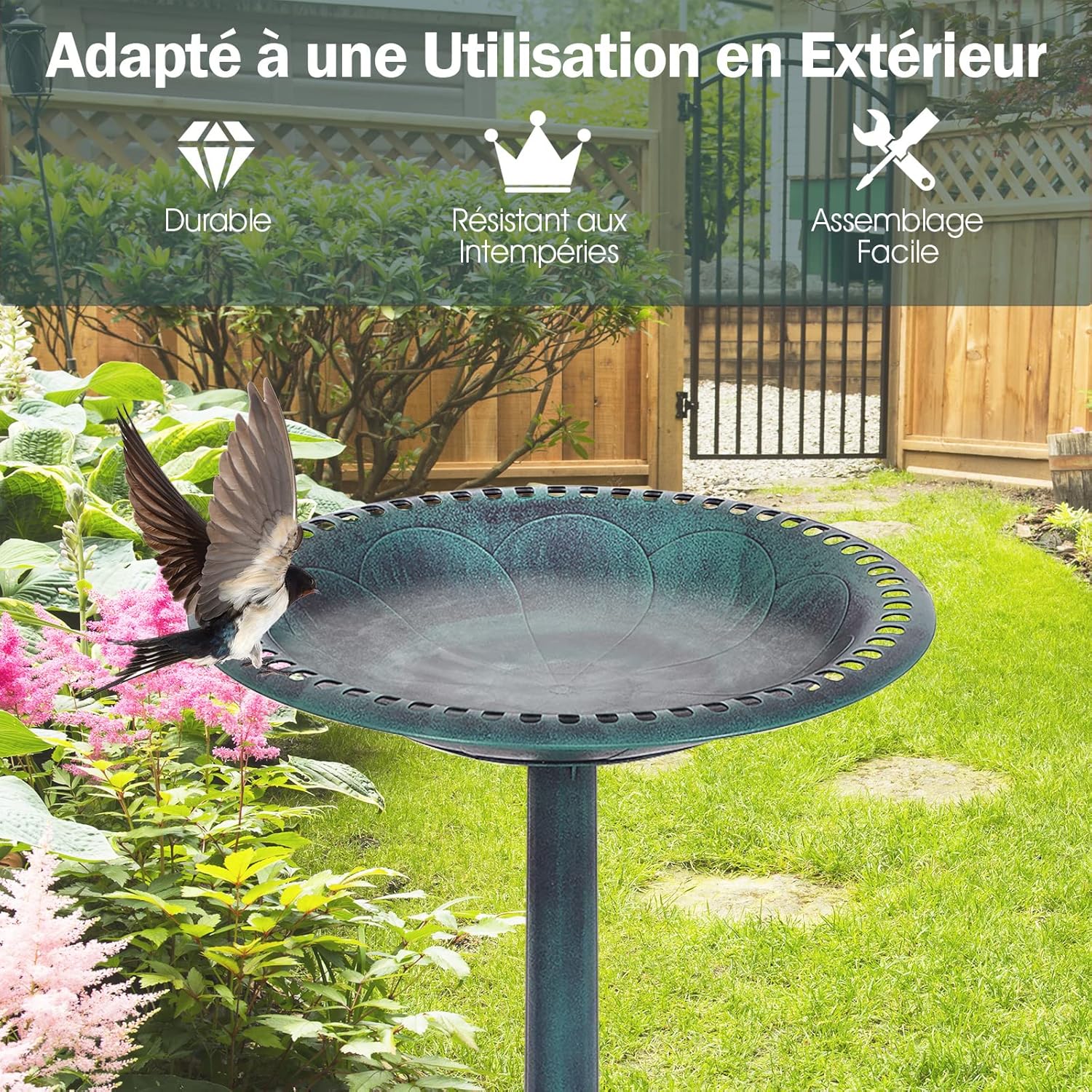 Thumbnail 1 de COSTWAY Abreuvoir Oiseaux Extérieur Plateau Diamètre 50 cm, Hauteur 72 cm – Design Antique Cuivre Vert