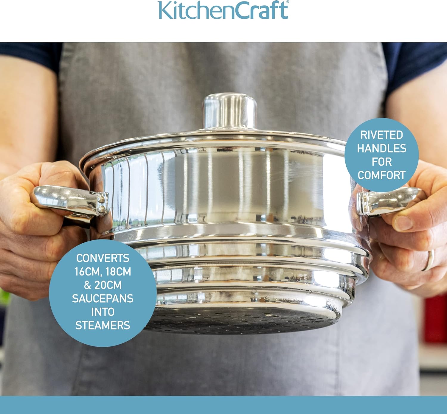 Detalle 2 de KitchenCraft universele stoompaninzet met glazen deksel voor pannen van 16, 18 en 20 cm