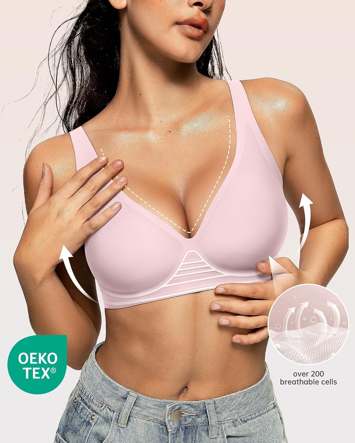 Detalle 2 de OEAK Deep V Wireless Bra for Women — Seamless, Wire-Free Support