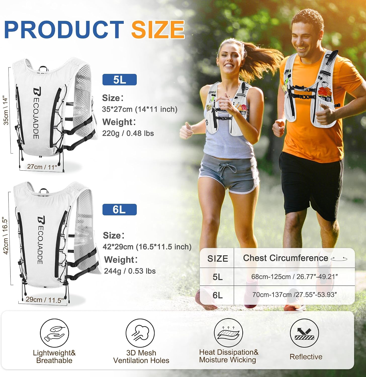 Detalle 2 de BECOJADDE 5L Running Vest, Lightweight Nylon Hydration Pack with 8 Pockets