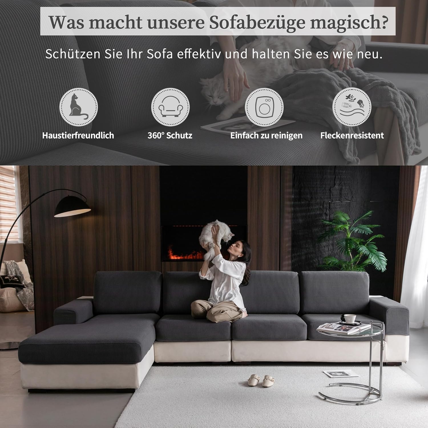 Thumbnail 3 de OHSIO Stretch Sofa Sitzkissenbezug für Chaiselongue – rutschfester, waschbarer Sofabezug in Dunkelgrau