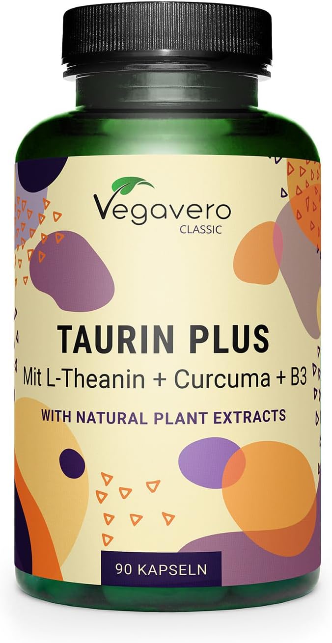 Detalle de Vegavero Taurina 1000 mg | Integratore sportivo Pre e Post-Workout con curcuma, tè verde e L-teanina