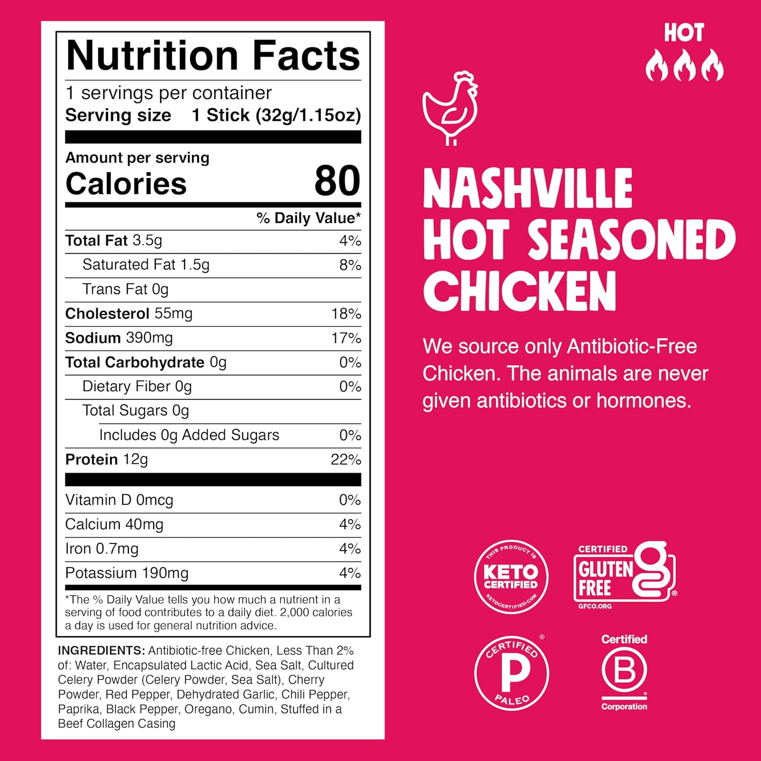 Detalle 2 de Chomps Nashville Hot Chicken Snack Sticks, 12g Protein, Zero Sugar, 10 Count