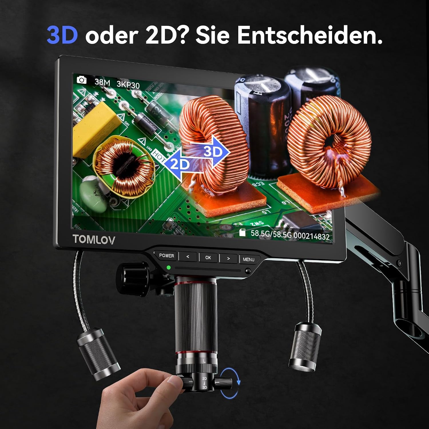 Detalle de TOMLOV TM3K-3D HDMI Digitalmikroskop mit magnetischen Dual-Linsen – 3K Video, 38MP Fotos, 7" IPS Display