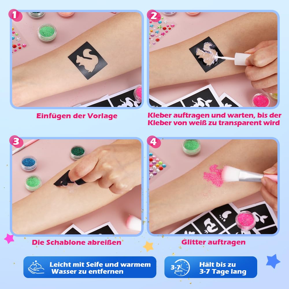 Detalle 2 de Bledras Glitzer Tattoo Set für Kinder – 42 Farben, 210 Schablonen & Strass zum Aufkleben