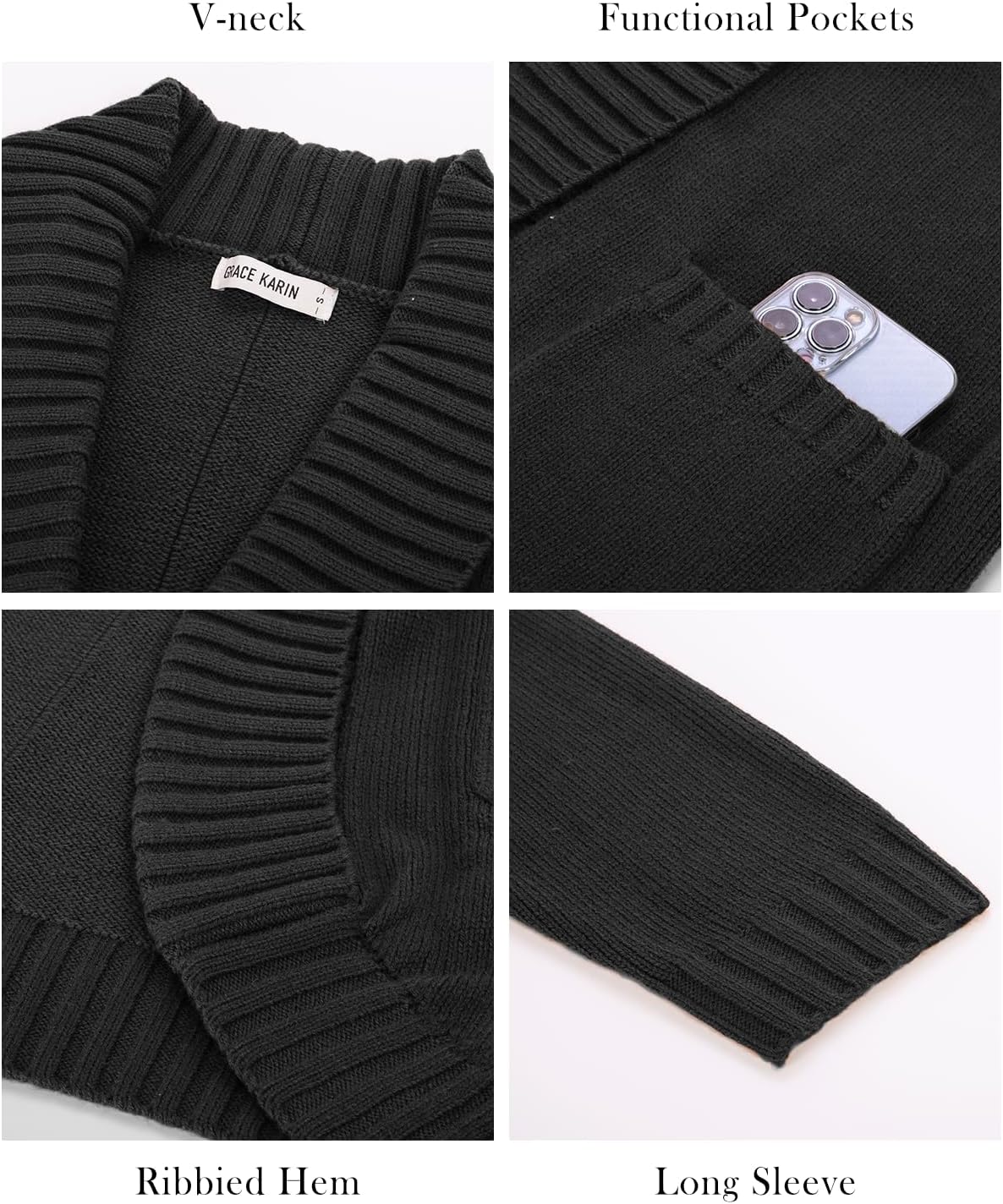 Thumbnail 6 de GRACE KARIN Long Sleeve Knit Cardigan with Curved Hem and Two Pockets