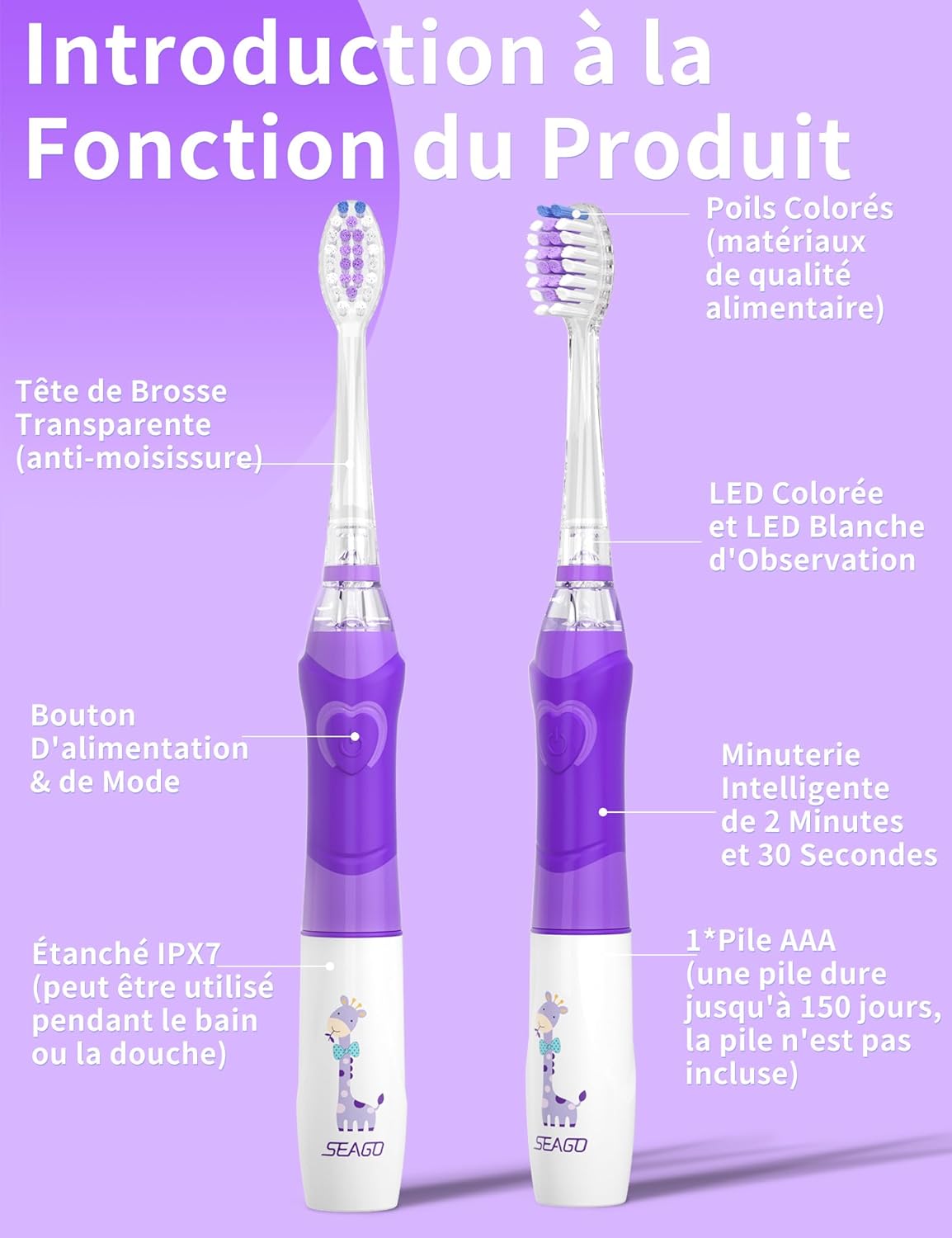 Detalle de Seago brosse à dents électrique enfant SG977 Violet – 4 têtes, LED colorées, minuterie 2 min, IPX7