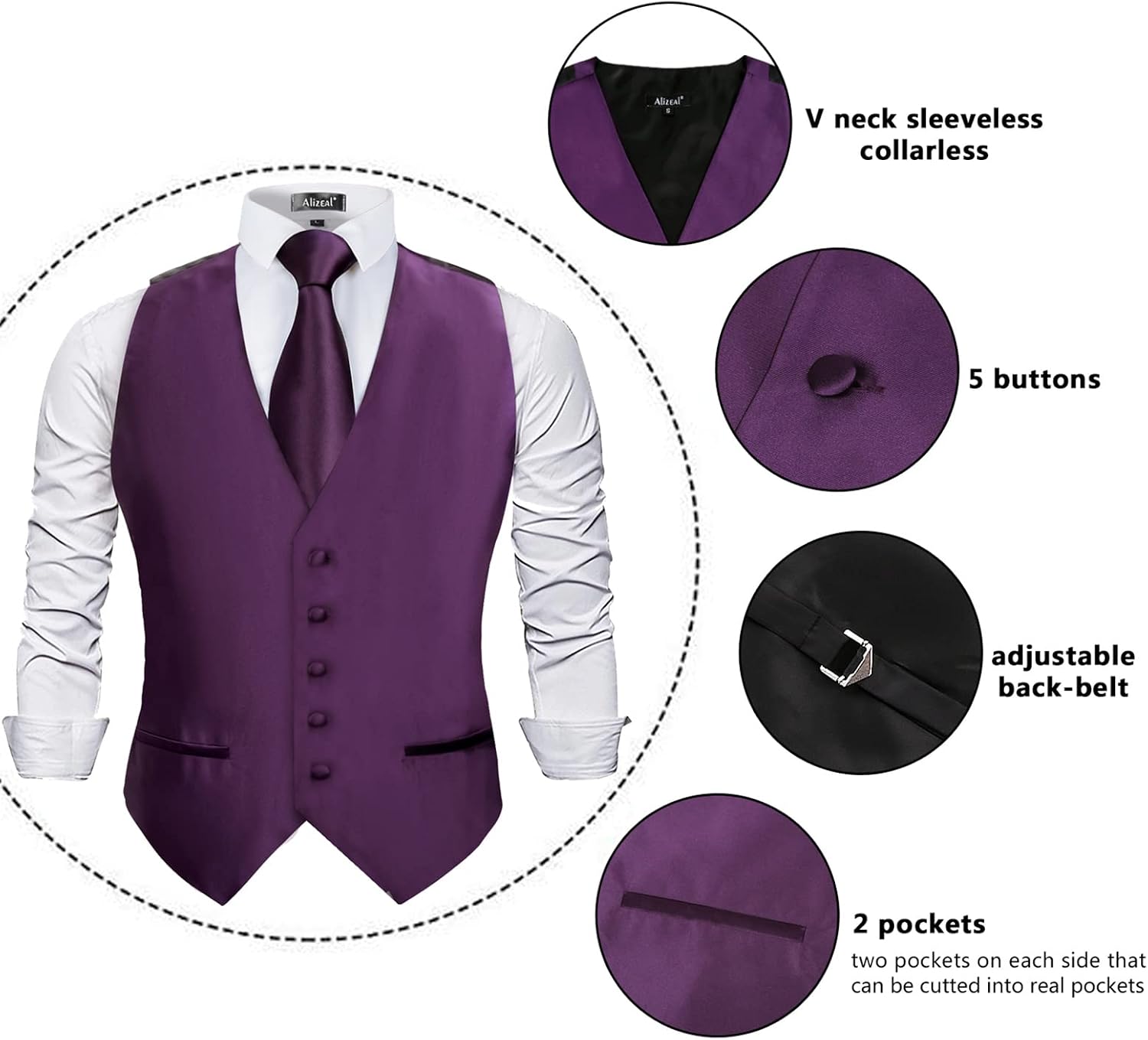 Detalle 2 de Alizeal Mens Satin Suit Vest Set 5 pcs