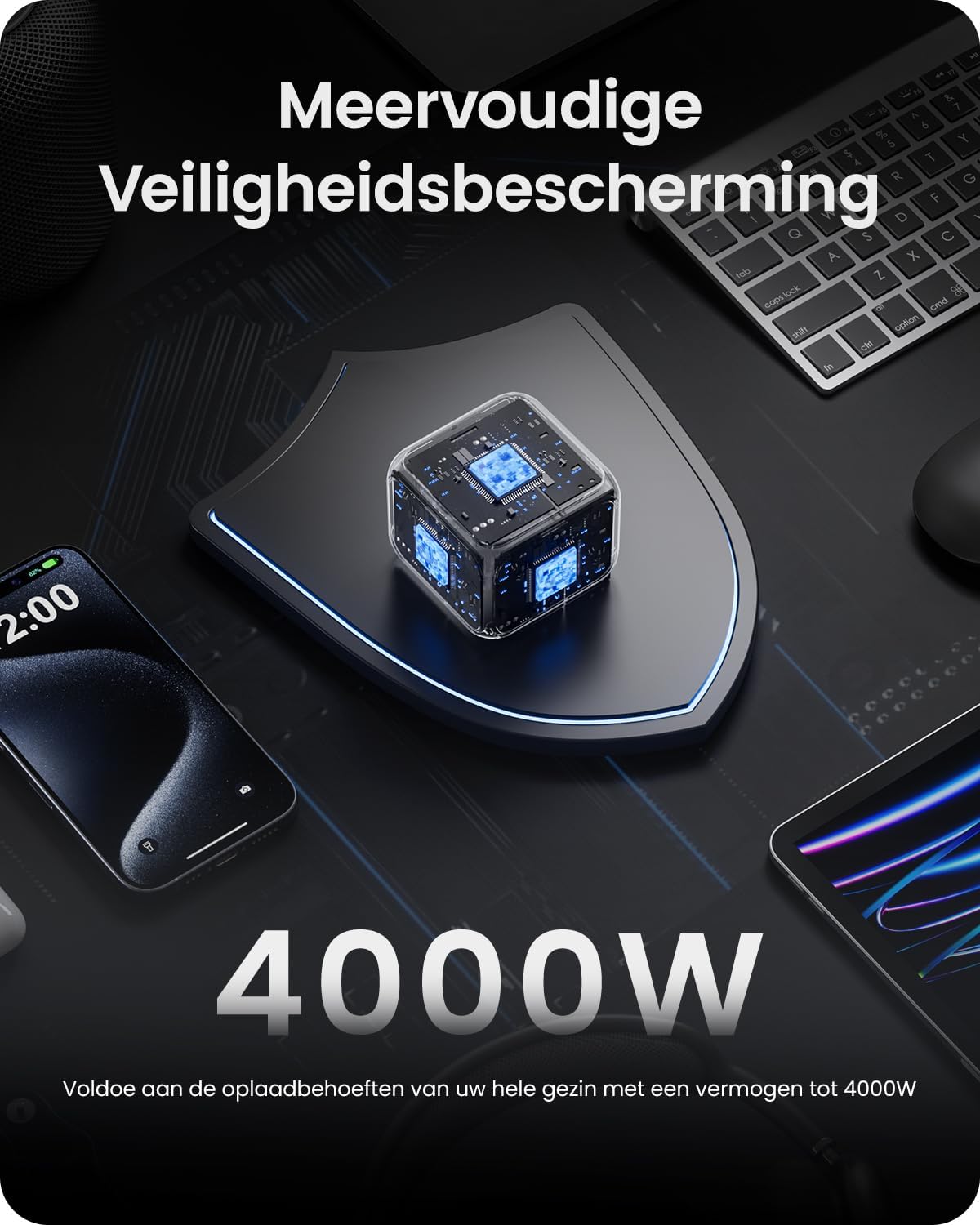 Detalle de LENCENT PA037EU-2A2C kubus-stekkerdoos met 3 stopcontacten en 4 USB-poorten