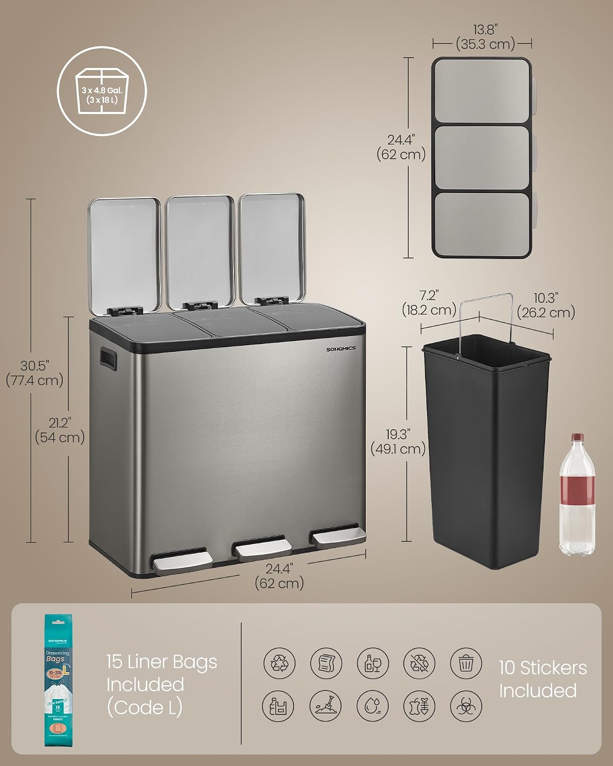 Thumbnail 6 de SONGMICS 3 x 4.8 Gallon Kitchen Bin (3 x 18 L) with 2 Compartments – LTB254EZ01