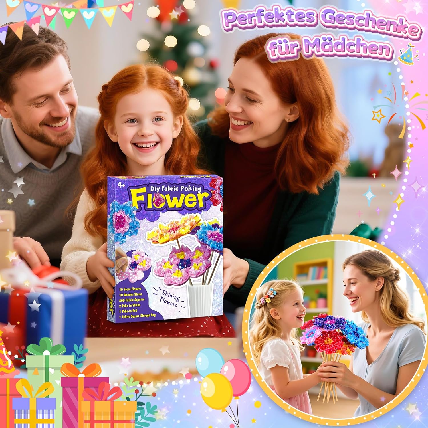 Detalle de Geschenk Mädchen 5–8 Jahre: Bastelset Blumenstrauß mit Pailletten – DIY-Blumen & Zimmerdeko