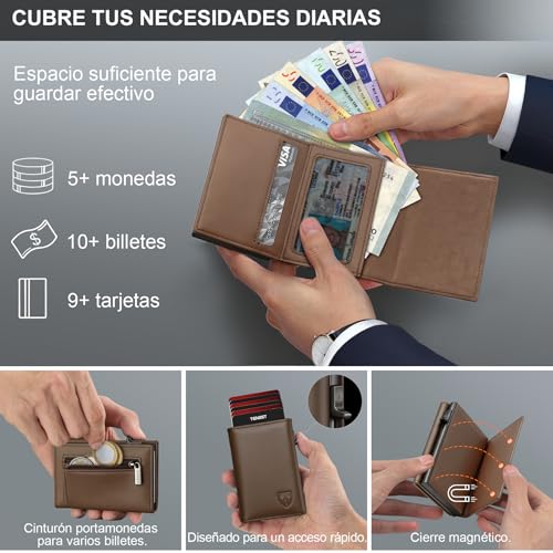 Detalle de TENBST Carteras para Hombre Ultrafina con RFID – Cuero Genuino Marrón