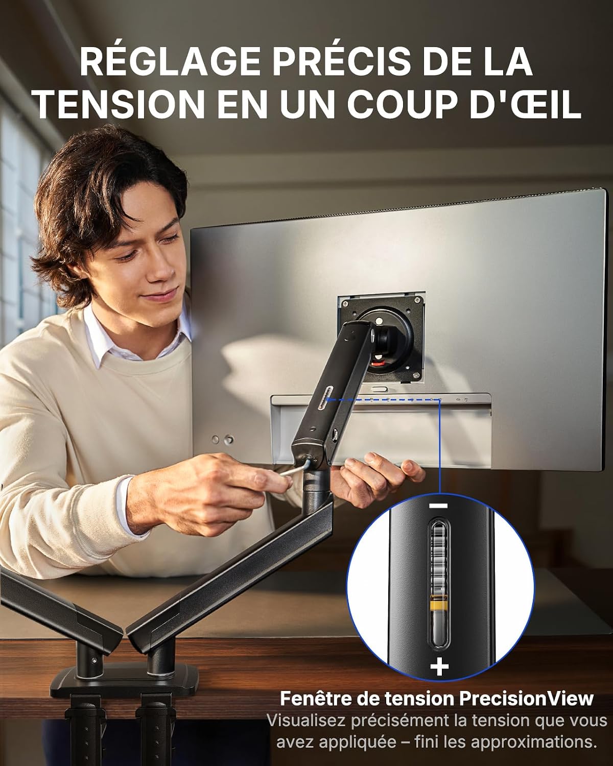 Detalle de HUANUO Support double écran FlowLift Pro – 13 à 32 pouces, 2 écrans, montage VESA sans outil