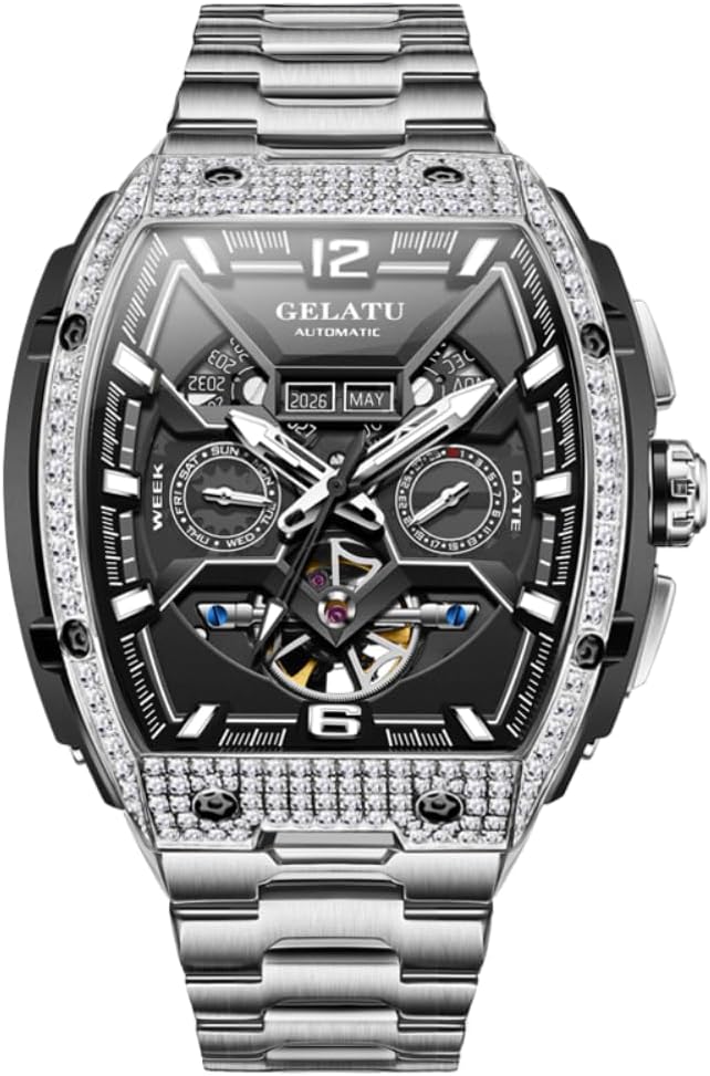 Thumbnail 6 de OUPINKE Herren-Automatik-Skelettuhr mit Tourbillon, Diamanten, Saphirglas und Edelstahlband