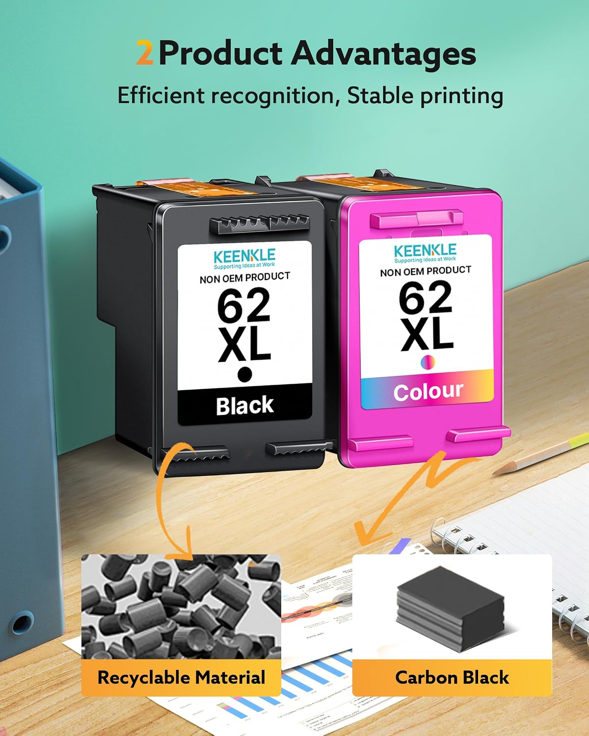 Detalle de KEENKLE 62XL Ink Cartridges – Twin Pack, Compatible with HP 62 (Black & Colour) for Envy, Officejet & Mobile Printers