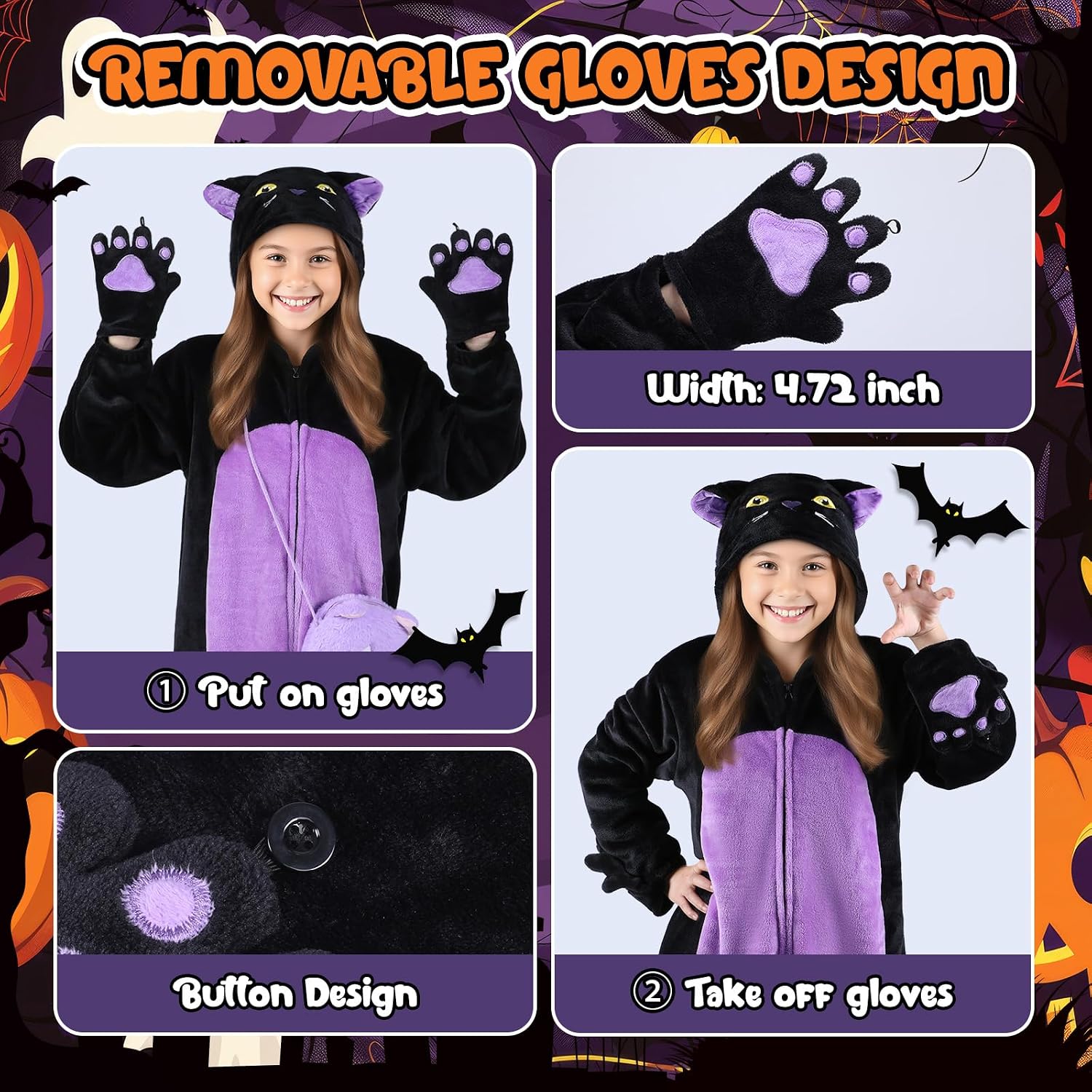 Thumbnail 4 de Joycover Black Cat Costume for Girls, Purple Onesie with Hood, Tail and Candy Bag