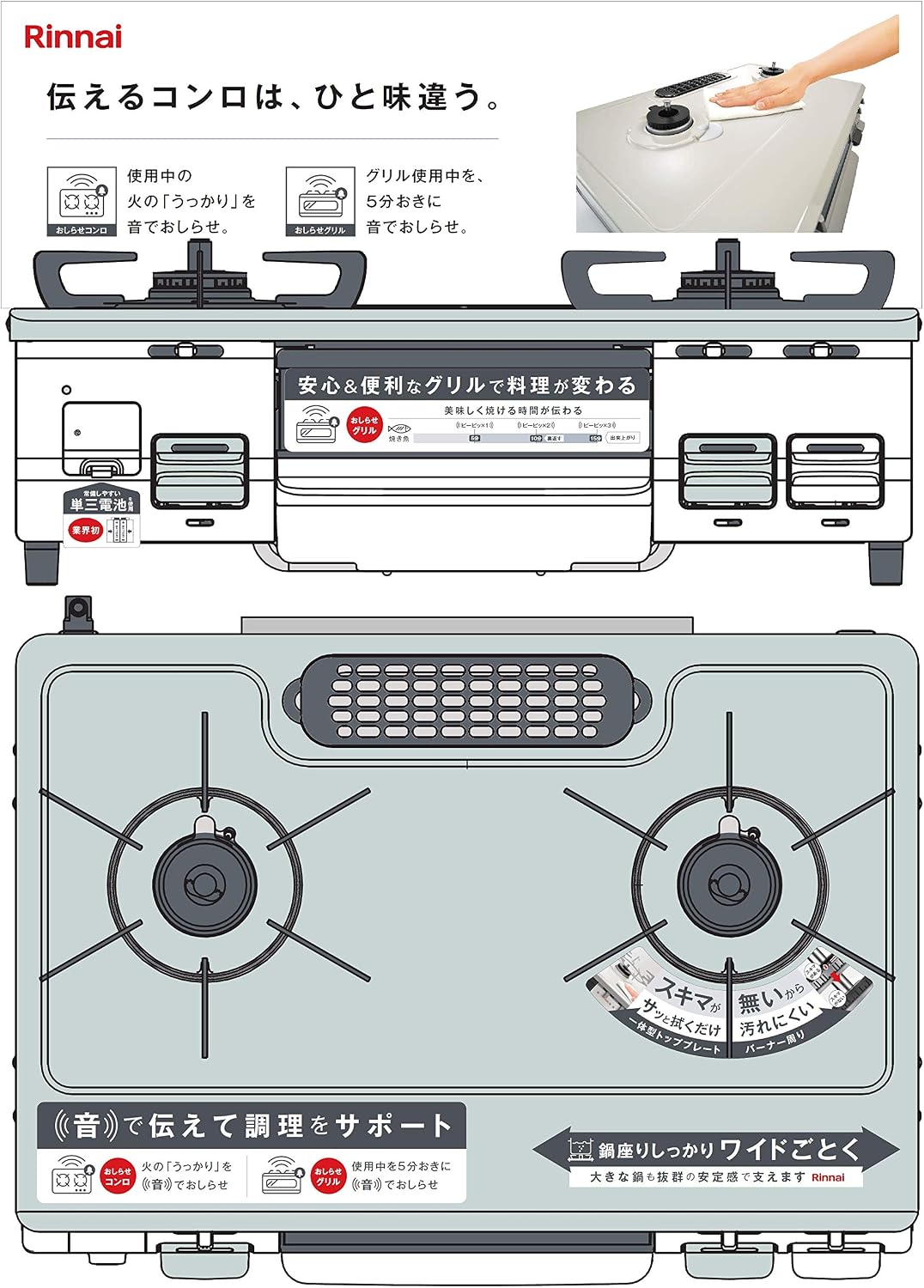 Detalle de リンナイ KG67MTL/LP ガステーブル 幅約60cm・左強火力・片面焼き水無しグリル・パステルミント