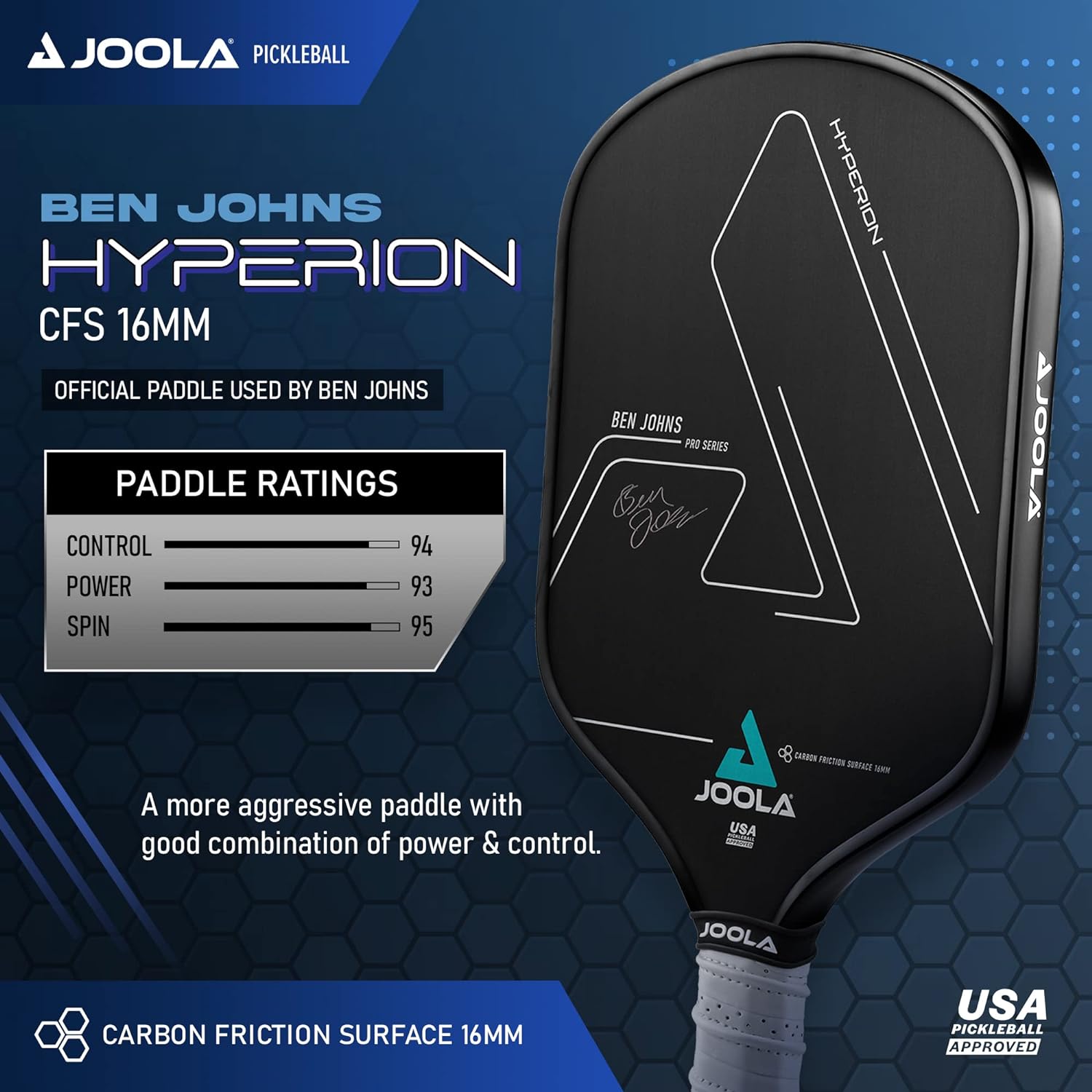 Detalle de JOOLA Ben Johns Hyperion CFS Pickleball Paddle — Carbon Surface, High Spin, Elongated Handle