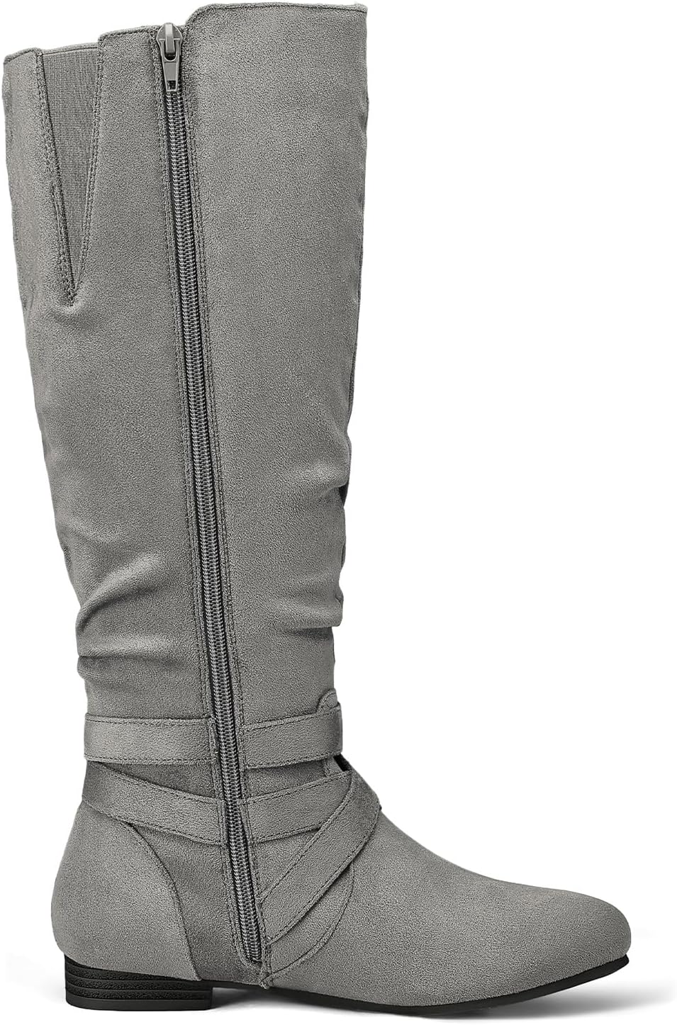 Detalle 2 de mysoft Women's Knee-High Slouchy Flat Boots with Suede, Side Zipper and Buckles