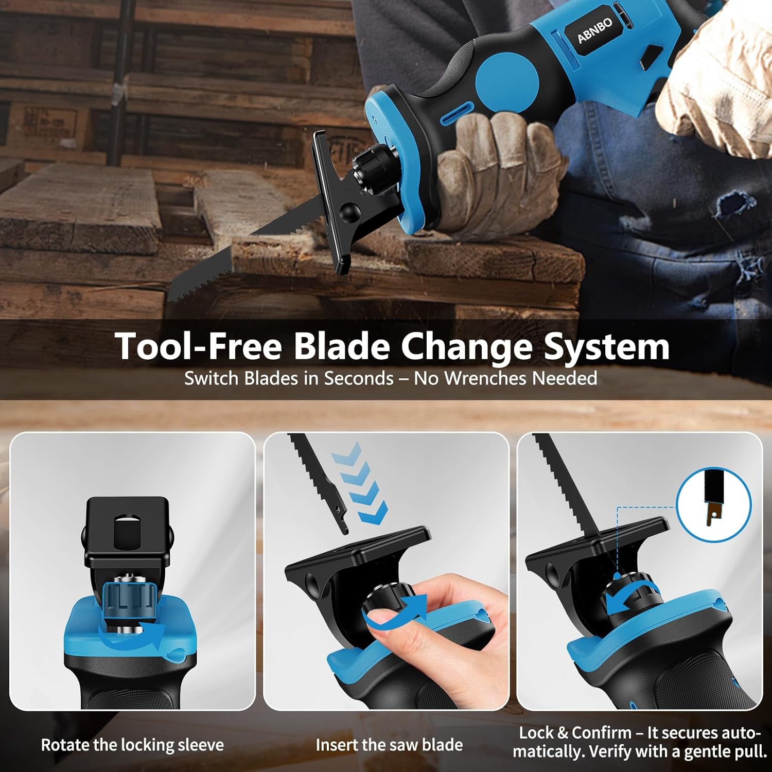 Detalle 2 de ABNBO 20V Brushless Cordless Reciprocating Saw Kit with Tool-Free Blade Change (2 x 2.0Ah batteries)