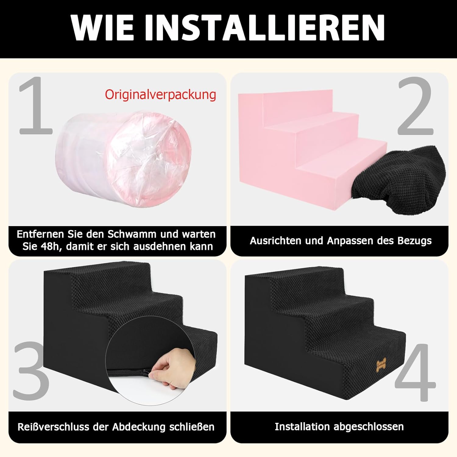 Thumbnail 4 de Nepfaivy Hundetreppe 3-stufig für kleine Hunde (45x40x34 cm) mit abnehmbarem, waschbarem Bezug und rutschfester Basis