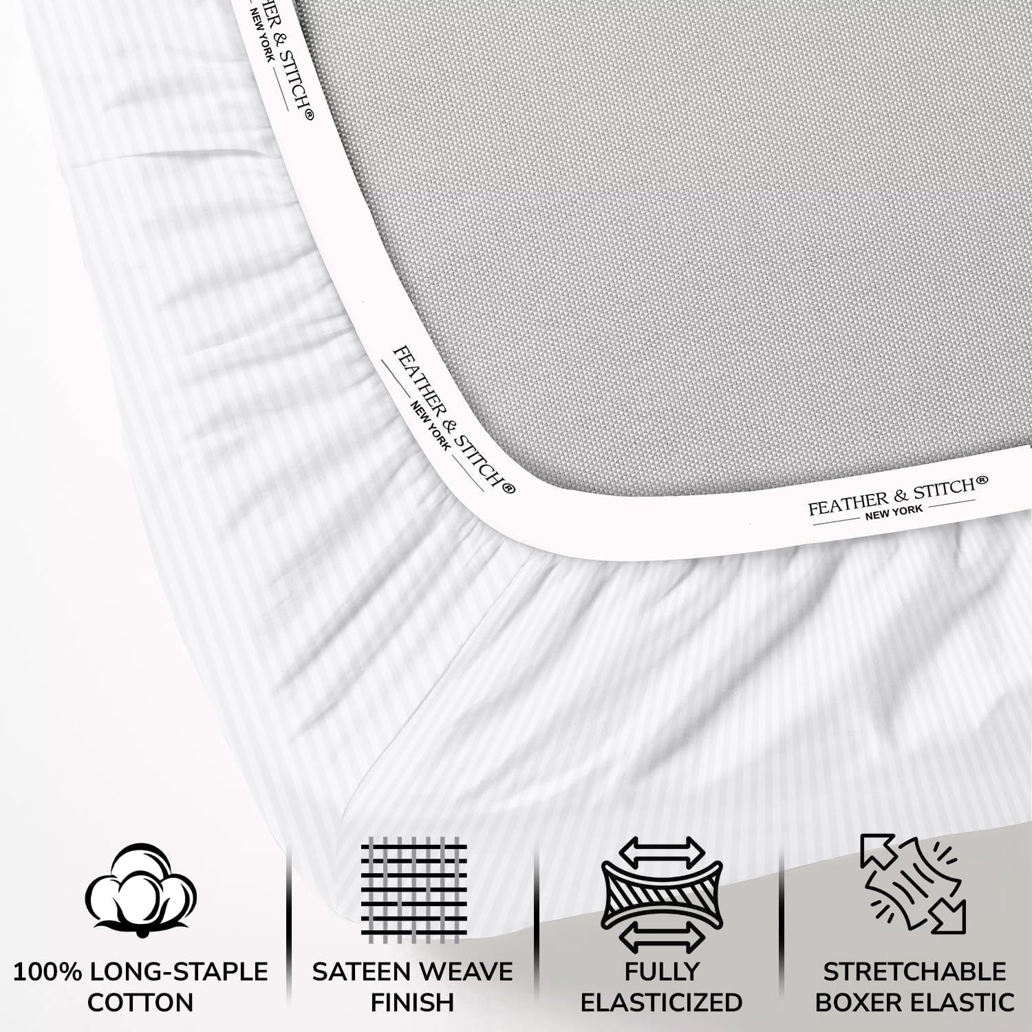 Thumbnail 2 de Feather & Stitch 500 TC California King Damask Sheet Set (White Stripe) — 100% Cotton Sateen, 4-Piece