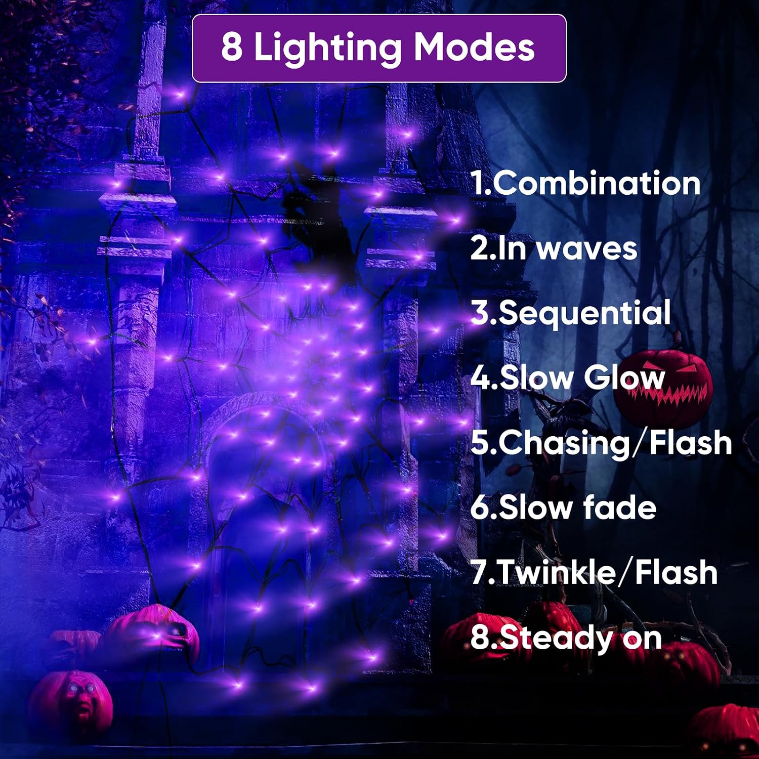 Detalle 2 de LCHUANG YZZW-001 Halloween Spider Web Lights, 4-Foot Purple and Orange LED Set