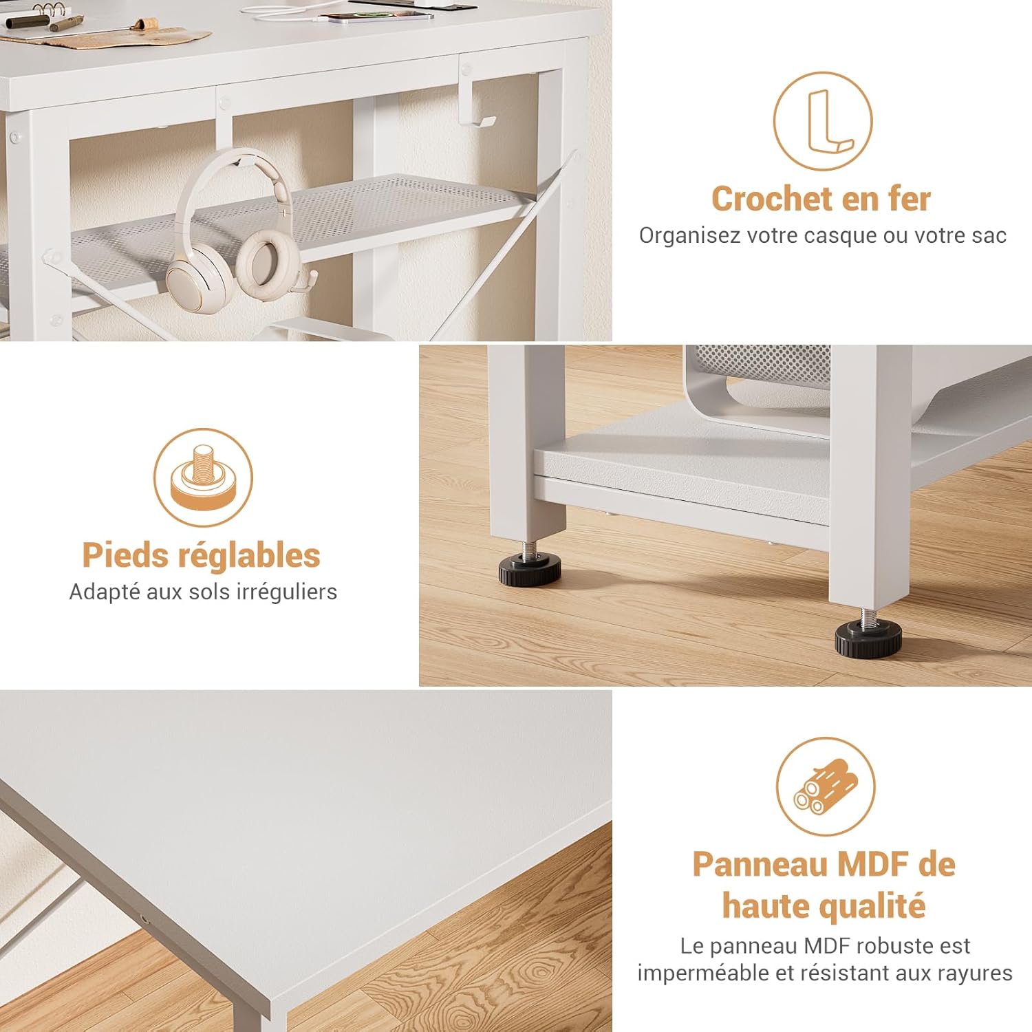 Detalle de iSunirm Bureau Gaming Blanc 100×50cm – Bureau gaming compact avec LED RGB, 2 prises et 2 USB intégrés