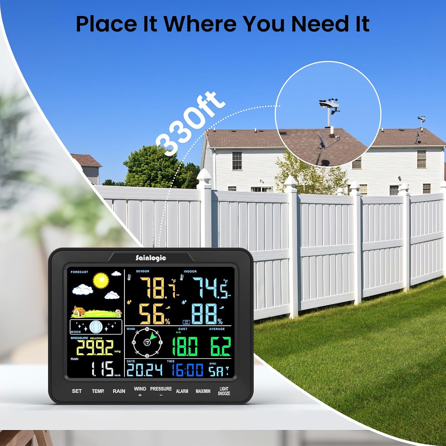 Detalle 1 de Sainlogic 12-in-1 Wireless Weather Station with Rain Gauge, Large LCD Display