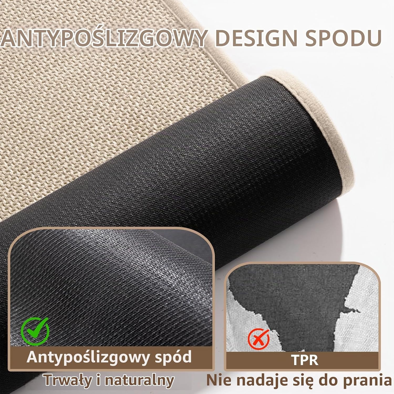 Detalle de chakme Dywanik łazienkowy 43 × 120 cm, beżowy, antypoślizgowy, z gumowym spodem
