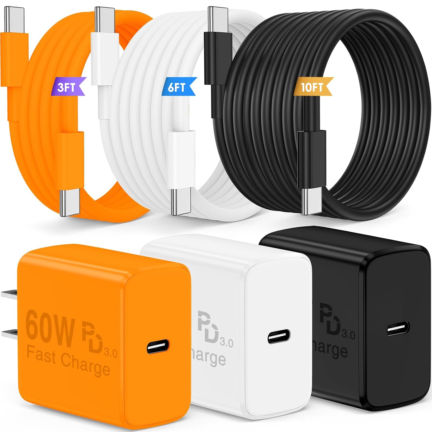 Detalle de QZIIW 60W USB-C Fast Charger Block with 3 Pack + Ultra-Long Cables: Practical, Travel-Ready Power