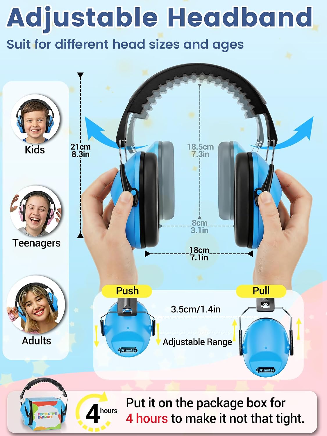 Detalle de Dr.meter Kids Ear Defenders (SNR 27.4dB) – Noise Cancelling Hearing Protection for Autism Sensory + Fireworks/Monster Trucks, Adjustable Headband