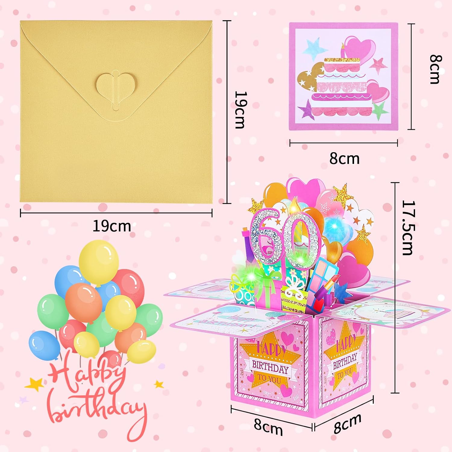 Detalle de Joyoldelf Biglietto Auguri Compleanno 60 Anni per Donna — Biglietto 3D Musicale e con Luce, Pop Up Raffinato e Divertente
