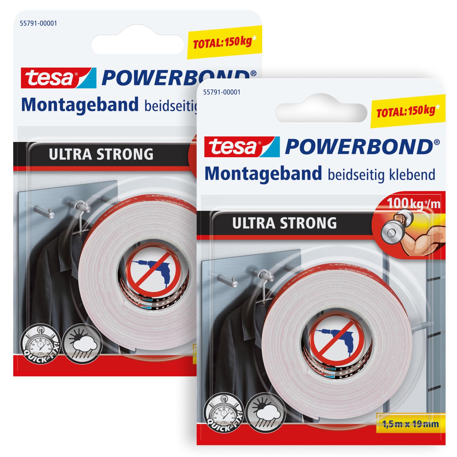 Detalle de tesa Powerbond Ultra Strong — Nastro biadesivo extra forte, confezione da 2 (1,5 m x 19 mm)