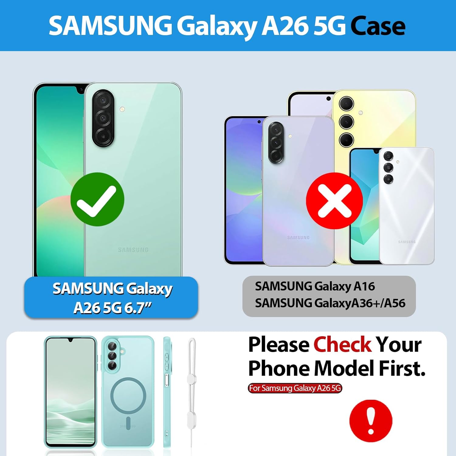 Thumbnail 2 de Dizn Case for Samsung Galaxy A26 5G with 2 Glass Screen Protectors, Wrist Strap, and MagSafe Compatibility – MintGreen