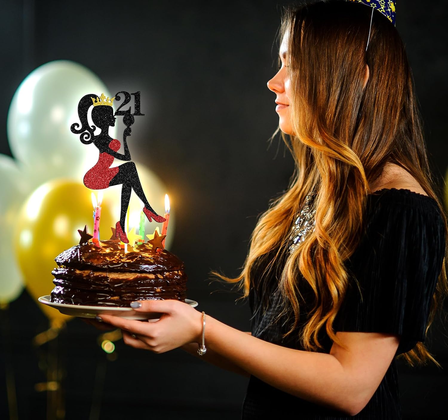 Detalle 2 de NARLOPI Lady Happy 21st Birthday Cake Topper, Glitter Paper Decoration