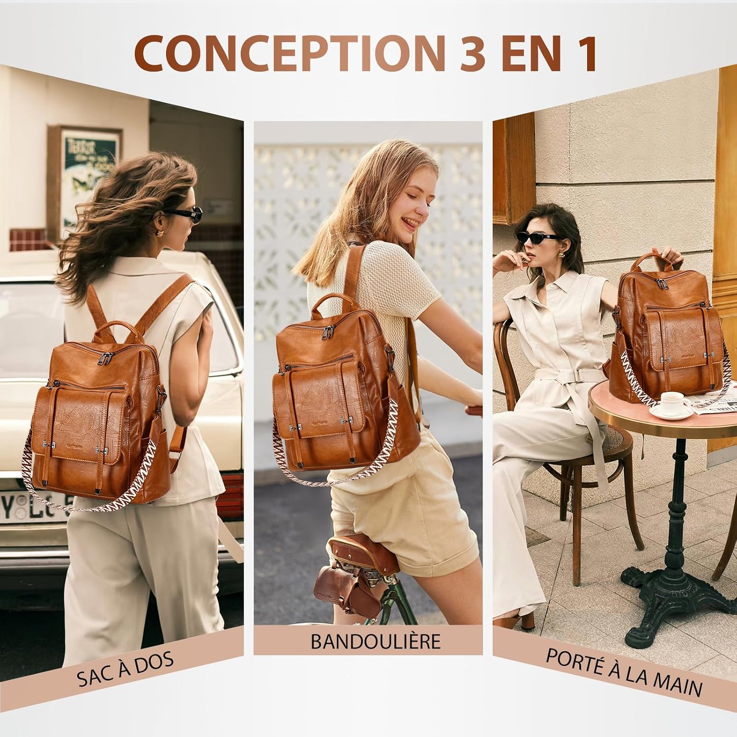 Detalle de Leathario Sac à Dos Antivol Femme en Cuir Vegan — Polyvalent et discret, 3-en-1