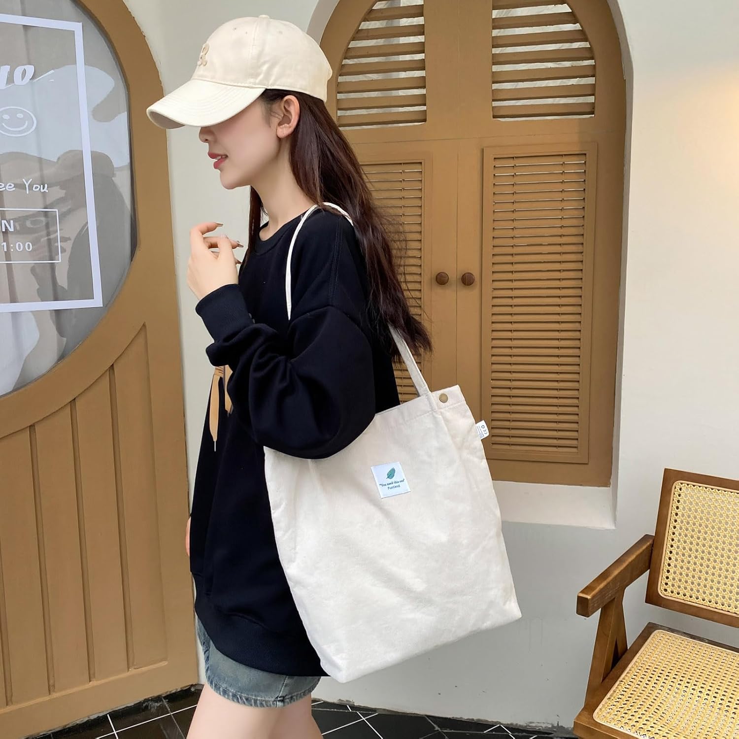 Thumbnail 1 de Funtlend Umhängetasche Damen Groß aus Cord mit gefütterter Jute – Shopper für Uni, Arbeit & Schule (Braun)