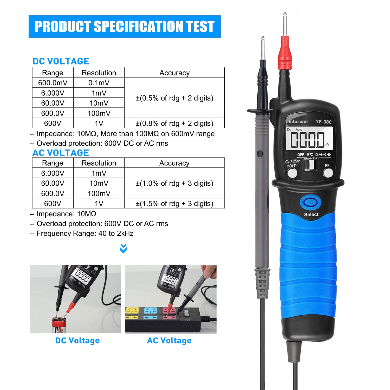 Detalle de Digital Pen Multimeter YF-38C (YF-38C High Precision) AC/DC Voltage Tester, Resistance & Continuity