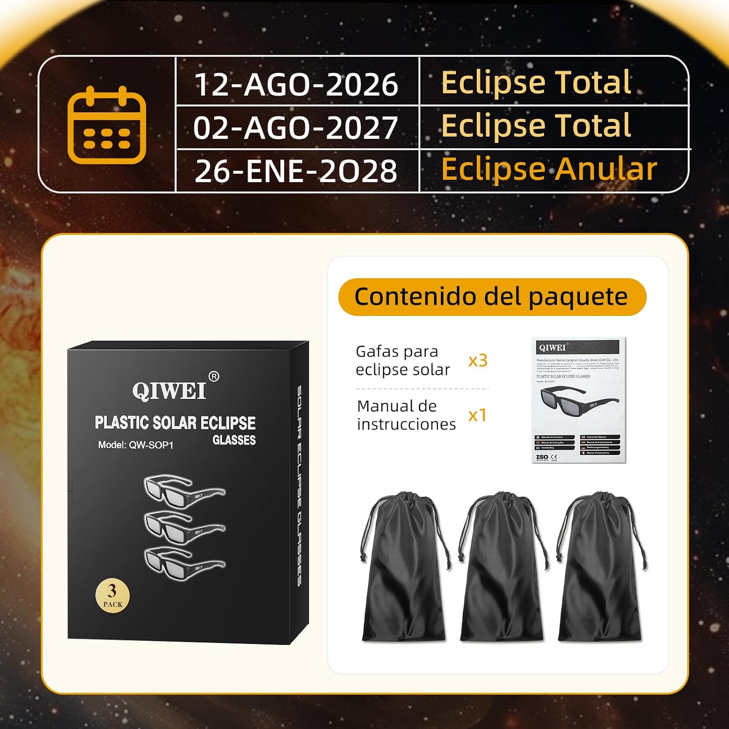 Thumbnail 6 de QIWEI Gafas Eclipse Solar Homologadas 2026 [Pack 3] – Seguridad y confort para toda la familia