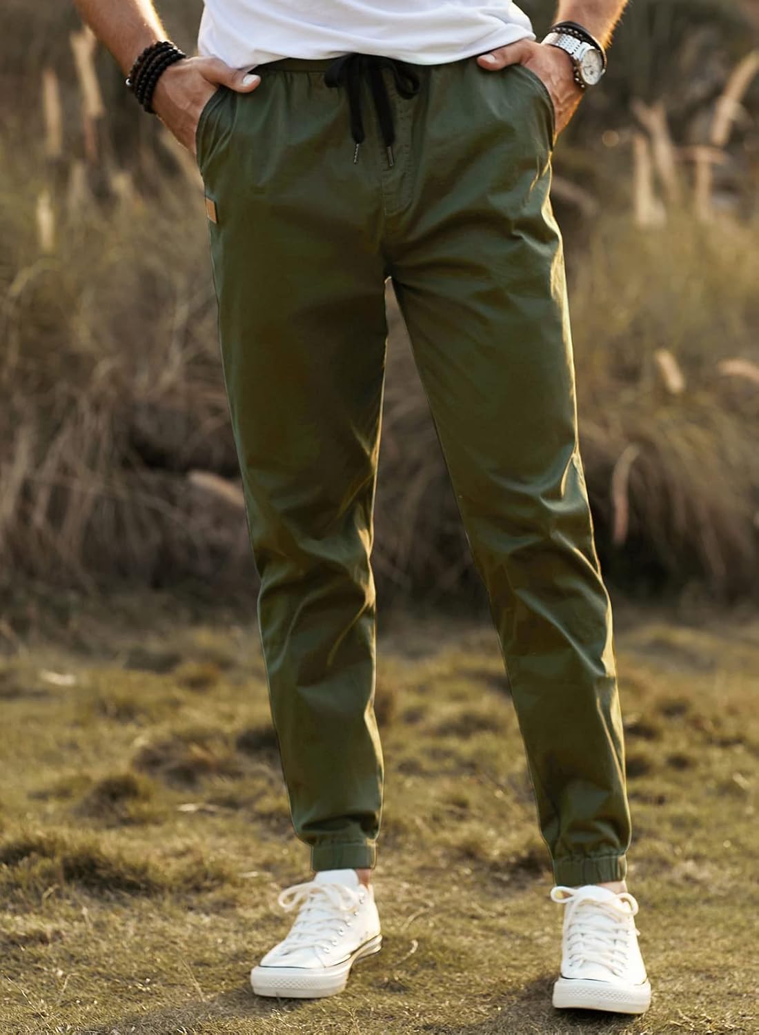 Detalle de JMIERR Herren Chino Cargo Hose aus Baumwolle mit elastischem Bund und Kordelzug (Slim Fit)