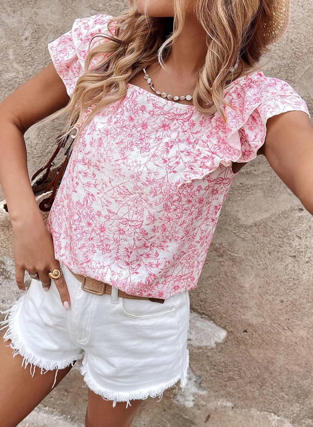 Thumbnail 4 de Falechay Women’s Bow Tie Back Top – Round Neck, Ruffle Short Sleeve Babydoll Chiffon Tee